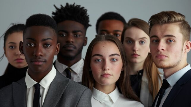 A diverse group of young adults in formal attire stands closely together indoors, looking confidently at the camera, showcasing their camaraderie and unity - Powered by Adobe
