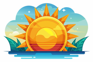 A stylized golden sun setting over water with green leaves on either side