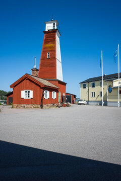 B&ouml;nan, Sweden - July 31, 2024: Old falu red wooden lighthouse built in the 1840's, is now a museum