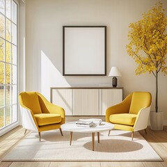 Empty Frame Mockup, Wall Art Template Blank Poster Print Artwork Product Placement, Mid-Century Home Interior
