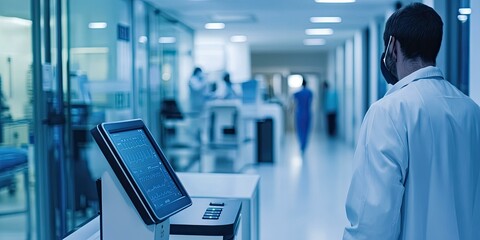 Hospital hallway, doctor, ECG monitor.