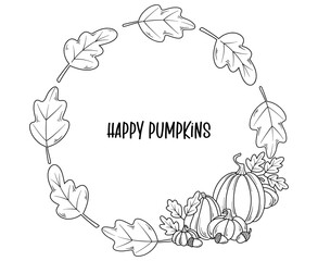Line art autumn pumpkin wreath, line art drawing, botanical vector illustration, floral border to Thanksgiving Day