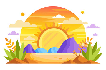 Sunset Landscape with Mountains and Sun