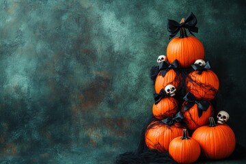 Naklejka premium Halloween stack of pumpkins with skulls and black bows