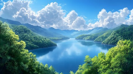 Beautiful spring scene with blue sky, white clouds, green mountains, and a blue lake.