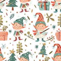 New Year's and Christmas festival seamless pattern in a 2D doodle illustrator style on pastel color backgrounds for graphic advertising.