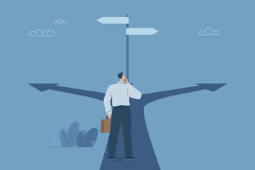 Business decisions or choices, Finding the right direction, Business opportunities or paths to success, Using vision to decide the path ahead, Businessman are choosing a business path. Vector design.