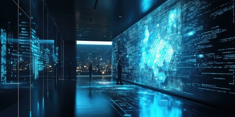 Obraz premium Two figures in a futuristic hall with glowing data.