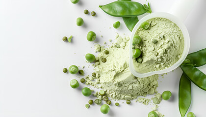 Obraz premium Plant base protein Pea Protein Powder in plastic scoop with fresh green Peas seeds on white Background