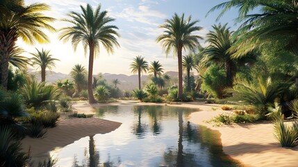 Fototapeta premium 22. 3D visualization of a tranquil desert oasis with palm trees and a reflective water pool, rendered on a clear background