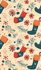 Naklejka premium New Year's and Christmas festival seamless pattern in a 2D doodle illustrator style on pastel color backgrounds for graphic advertising.
