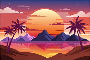 Sunset Over Mountains With Palm Trees and a Reflecting Body of Water