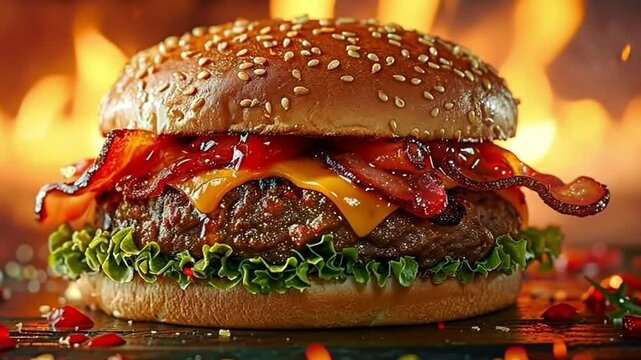 Crispy bacon, melted cheddar cheese, crisp lettuce, and a juicy hamburger set against a dramatic, blazing backdrop