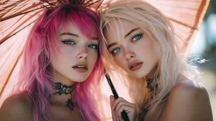 Obraz premium Two chicks one crazy chick with weird pink hair and paper parasol umbrella : Generative AI