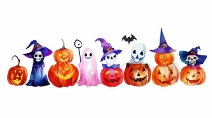 Aesthetic halloween watercolor mockup with pumpkins, ghosts, skeletons, pastel light colors and backdrop. Generative AI