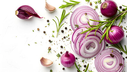 Sliced red onion rings isolated on white background with clipping path, with herbs and spices