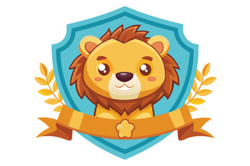 Cute Cartoon Lion in Blue Shield with Yellow Ribbon and Leaves