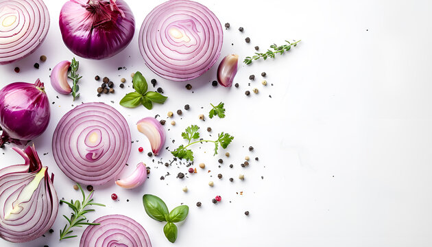 Sliced red onion rings isolated on white background with clipping path, with herbs and spices