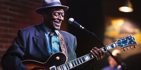 Obraz premium Man in suit plays guitar on stage.