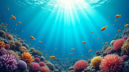 Fototapeta na wymiar Vibrant Coral Reef Ecosystem with Sunbeams: Underwater Paradise of Colorful Marine Life and Tropical Fish in Crystal Clear Ocean Waters