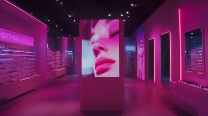A contemporary beauty store features striking neon lights and displays of various cosmetics, with a large digital screen highlighting a close-up of a model.