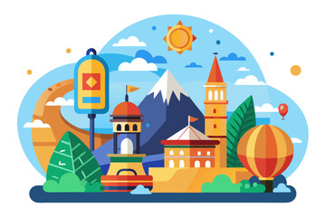 Fototapeta premium A Colorful Cartoon Cityscape with Hot Air Balloons