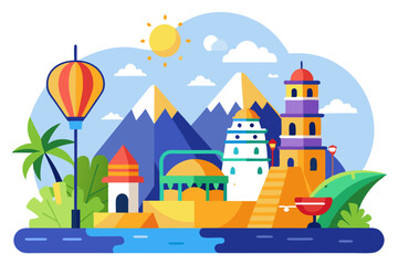 Fototapeta premium Colorful Cityscape with Mountains, Buildings, and a Hot Air Balloon