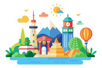 Colorful Cityscape with Buildings, Mountains, Sun, and Hot Air Balloon