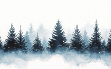Obraz premium Christmas illustration design of snowy winter forest over white background and empty space for text. Wallpaper for social media marketing or web header.