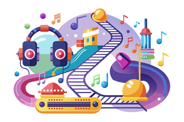 Abstract Illustration of a Musical Journey with Headphones, Stairs, and a Radio