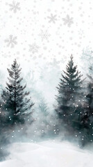 Christmas illustration design of snowy winter forest over white background and empty space for text. Wallpaper for social media marketing or web header.