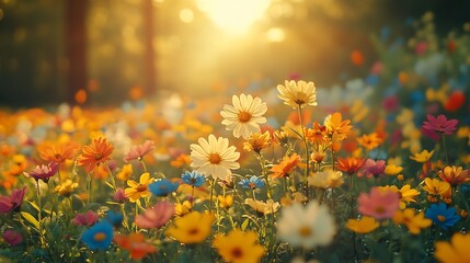 meadow flowers in early sunny fresh morning Vintage autumn landscape background colorful beautiful fall flowers magical : Generative AI