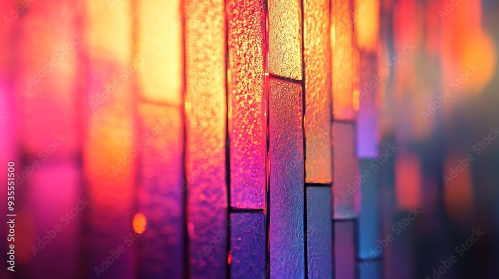 Aufkleber Abstract creative image on patterned glass show vertical lines pattern repetition blurry background of wavy illuminated multicolored interior soft lightingglass surface used for artist : Generative AI