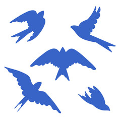 Set of 3 birds in flight. Silhouettes of swallows in the sky. Vector illustration.