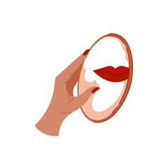 A woman's hand holds a mirror in which her smile with red lips is reflected. Vector illustration.
