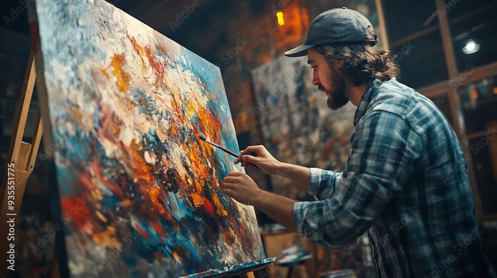 Leinwandbilder portrait of artist working on abstract painting uses paint brush to create daringly emotional modern