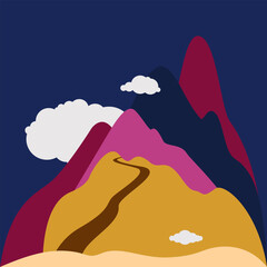 Snowy mountain peak against blue sky and clouds. Vector illustration.