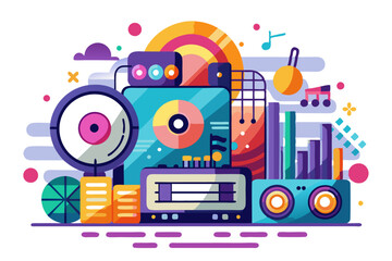 Abstract Colorful Illustration of a Retro Music Player with Surrounding Elements