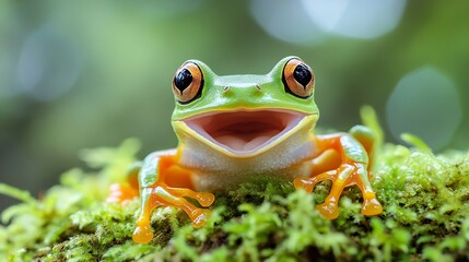 Gliding frog look like laughing on moss Flying frog laughing animal closeup Gliding frog Rhacophorus reinwardtii sitting on moss Indonesian tree frog : Generative AI