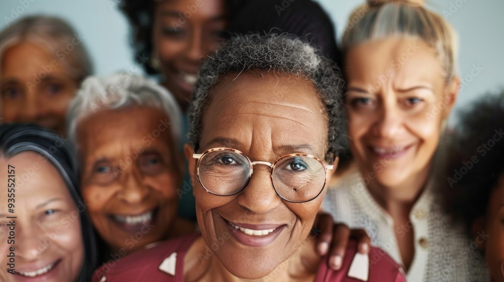 Wall mural a diverse group of friends from different generations smiles brightly while enjoying each other's co