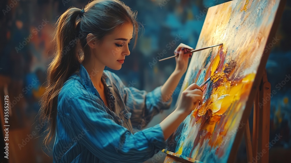 Poster talented female artist working on a modern abstract oil painting gesturing with broad strokes using 