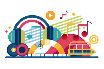 Colorful Abstract Design Featuring Music and Transportation Elements