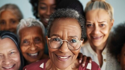 Fototapeta premium A diverse group of friends from different generations smiles brightly while enjoying each other's company indoors, creating a warm and cheerful atmosphere