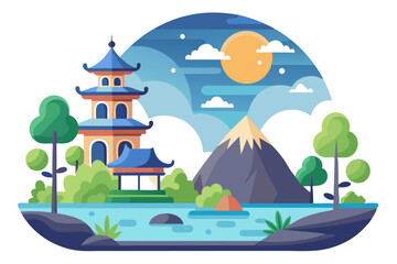 A Chinese Pagoda in a Mountainous Landscape with a River