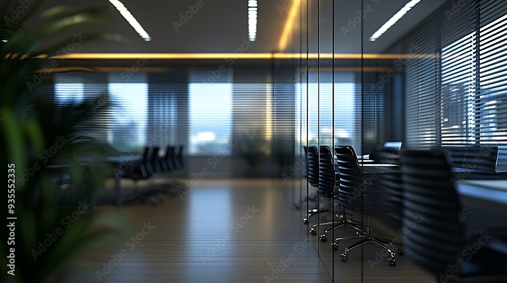 Poster a modern office space featuring sleek design with horizontal lines on the ceiling glass partitions a