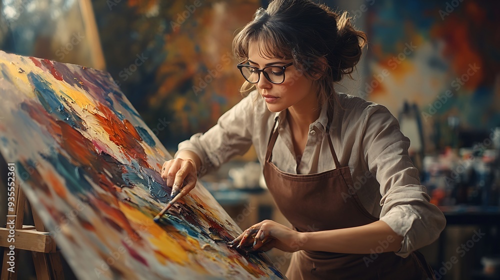 Poster painter with a colorful palette workshop for artistic expression craftsmanship in painting caucasian