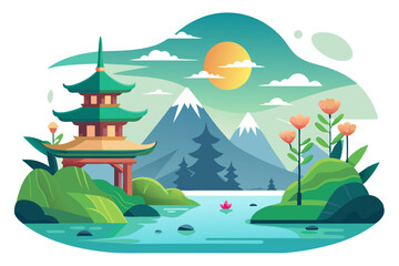 A serene landscape with a pagoda, mountains, and a lake