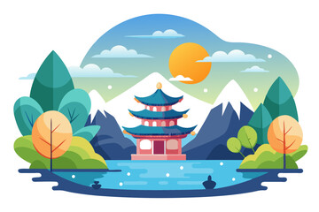 A Multi-Layered Pagoda Situated on a Lake Surrounded by Mountains and Trees