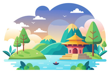 Serene Landscape with a Golden-Roofed Temple by a Lake