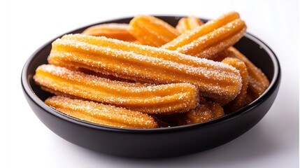 Traditional Mexican dessert churros with sugar powder in a pan Isolated on white background : Generative AI